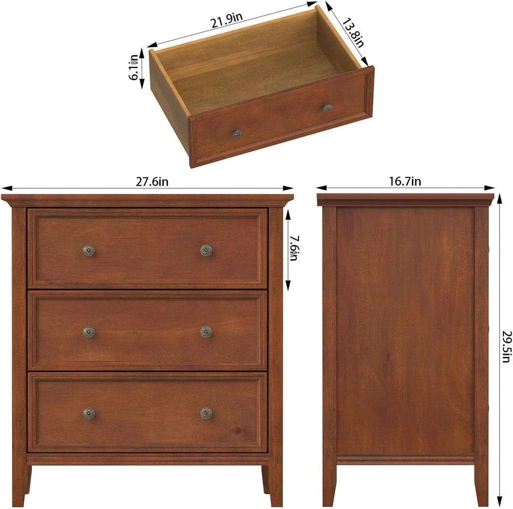 IKENO Solid Wood Nightstand Set of 2，Bed Side Table with Charging Station, Farmhouse Night Stand with 3 Storage Drawers for Bedroom, 27.6" W x 16.8" D x 26.8" H, Walnut