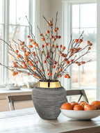 Rustic Ceramic Vase with Gold Rim – 9.4" Decorative Flower Vases for Living Room, Dining Table Centerpiece & Shelf Décor – Modern Farmhouse, Boho & Contemporary Home Accents
