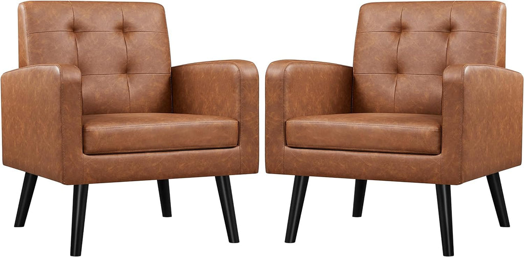Yaheetech Mid-Century Accent Chairs, PU Leather Modern Upholstered Living Room Chair, Cozy Armchair Button Tufted Back and Wood Legs for Bedroom/Office/Cafe, Retro Brown 2 PCS