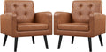 Yaheetech Mid-Century Accent Chairs, PU Leather Modern Upholstered Living Room Chair, Cozy Armchair Button Tufted Back and Wood Legs for Bedroom/Office/Cafe, Retro Brown 2 PCS