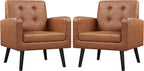 Yaheetech Mid-Century Accent Chairs, PU Leather Modern Upholstered Living Room Chair, Cozy Armchair Button Tufted Back and Wood Legs for Bedroom/Office/Cafe, Retro Brown 2 PCS