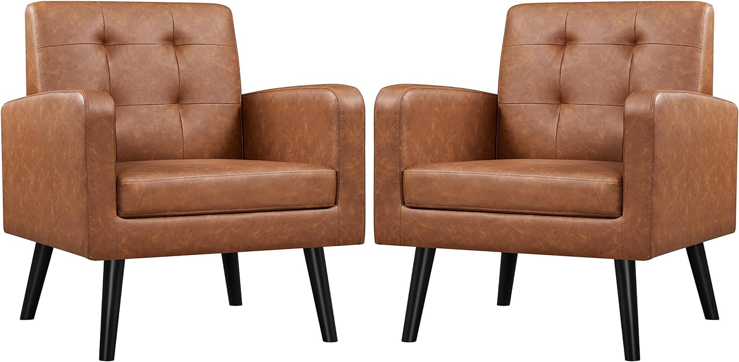Yaheetech Mid-Century Accent Chairs, PU Leather Modern Upholstered Living Room Chair, Cozy Armchair Button Tufted Back and Wood Legs for Bedroom/Office/Cafe, Retro Brown 2 PCS