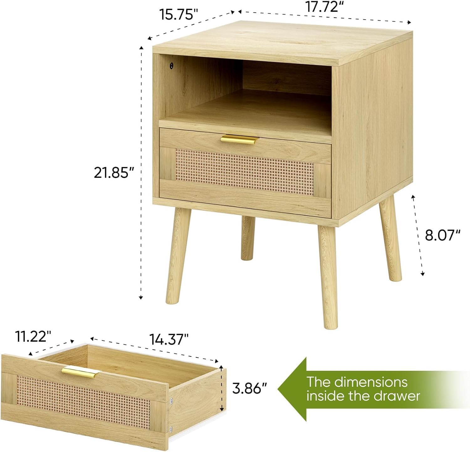 Smart Rattan Nightstand, Boho Side Table with Drawer Open Shelf, Wood Accent Bedside End Table for Small Places, Bedroom, Natural Oak