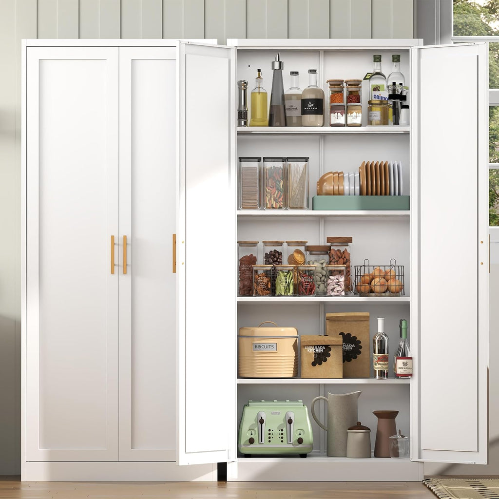BESFUR 71" Tall White Kitchen Pantry Cabinet, Metal Food Storage Cabinet with 4 Adjustable Shelves, Freestanding Cupboard with Doors for Kitchen, Dining Room, Living Room, Bathroom, Laundry Room