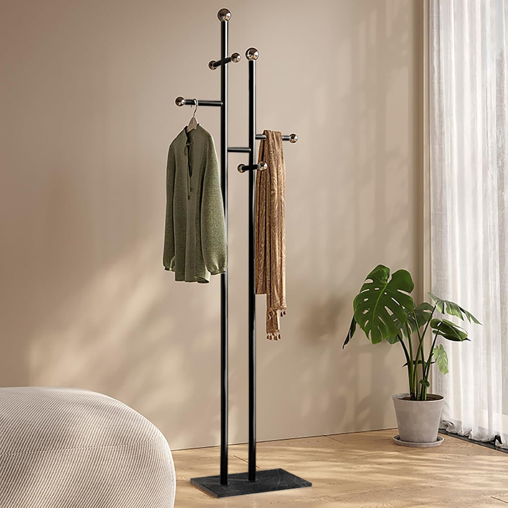 JIAYUEJU Coat Rack Freestanding with Marble Base, Heavy Duty Metal Clothes Rack, Corner Coat Tree Hat Rack for Entryway Bedroom Living Room Hotel 14.96 x 10.24 x 68.9 Inches (Black)
