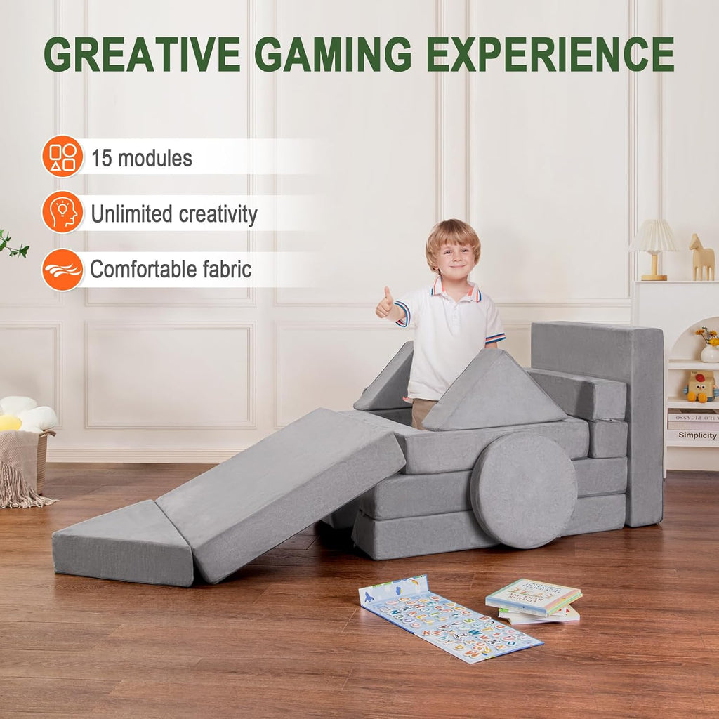 Kids Play Couch 15PCS, Modular Foam Sofa, Convertible Kids Play Set | Kids Play Couch 15PCS, Convertible Kids Furniture, Ideal for Playroom, Reading, Playing and Relaxing