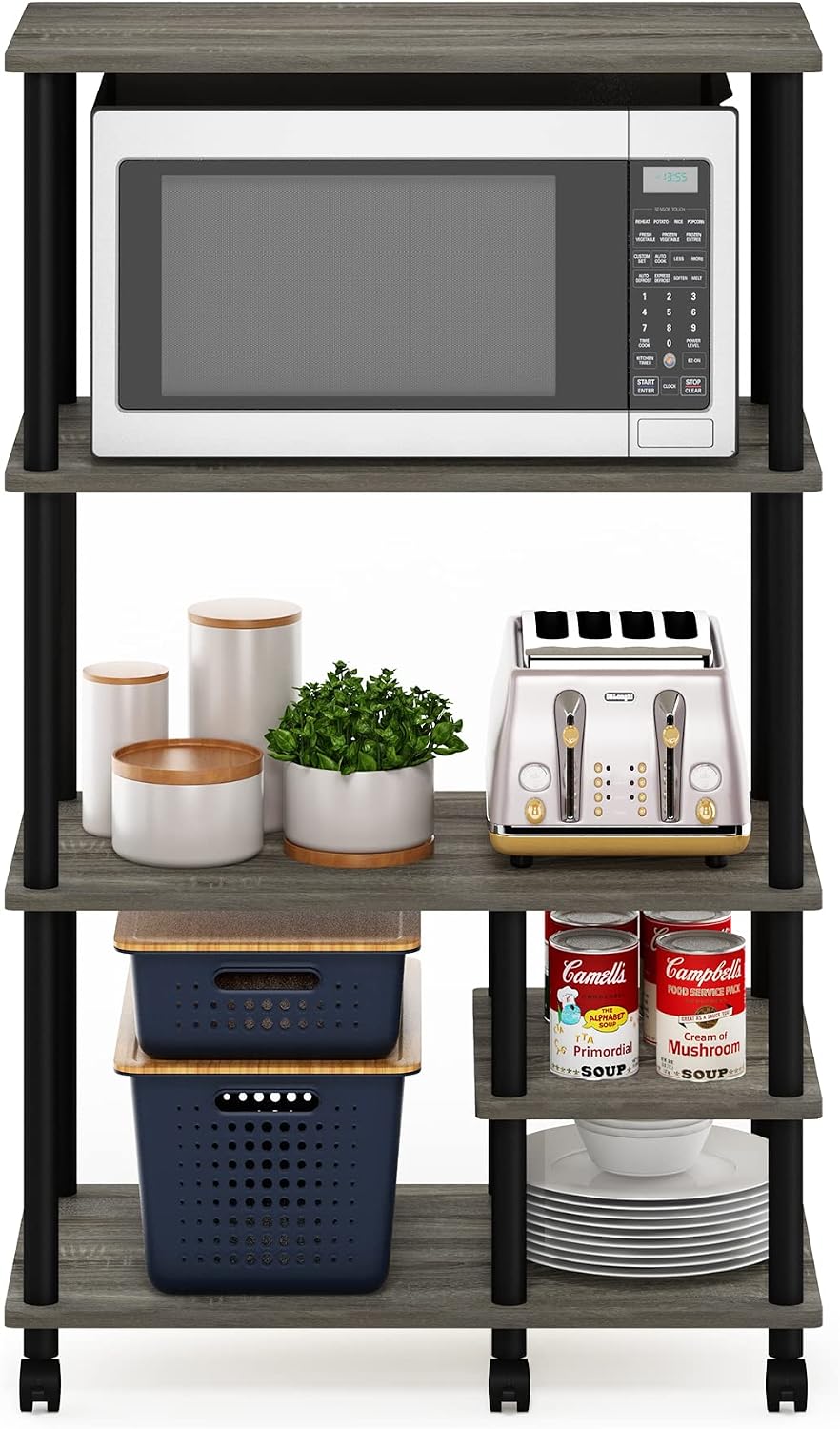 Furinno Turn-N-Tube Bakers Rack with Wheels, 4-Tier Kitchen Storage Cart, Kitchen Cart, Coffee Bar, Pantry Organizers and Storage, Grey Oak