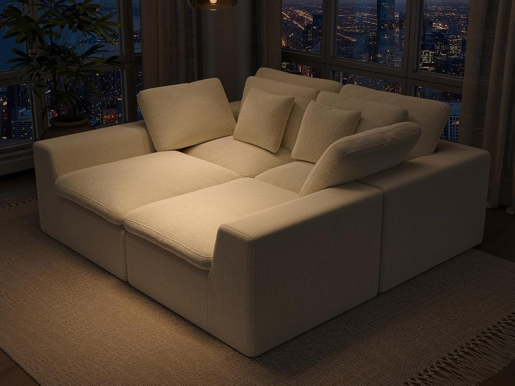 113” Cloud Couch 丨 Modular Sectional Couches for Living Room 丨 L Shaped Boneless Couch with Nice Back Support 4 Seater Warm White Chenille