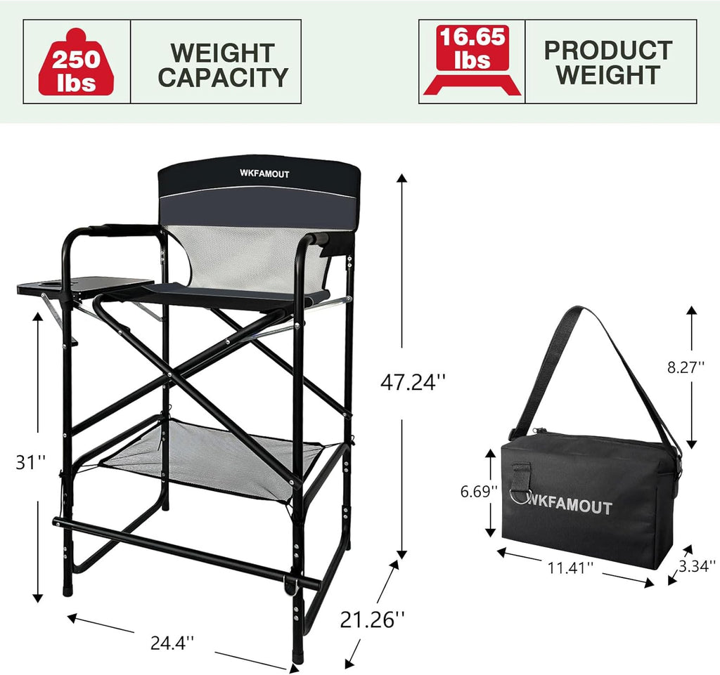 Tall Folding Director Chair 30.7" Seat Height Foldable Bar Stool for Makeup Artist Face Painting with Side Table Carry Bag and Cosmetic Bag Supports 250LBS