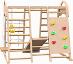 Indoor Playground 7 in 1 Jungle Gym Playset for 2 6yrs Slide, Climbing Wall, Rope Wall Climber, Monkey Bars, Swing Waldorf and Montessori Style Wooden Climb Set.