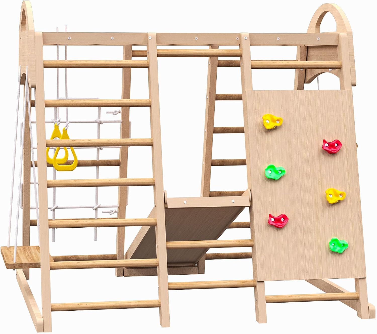 Indoor Playground 7 in 1 Jungle Gym Playset for 2 6yrs Slide, Climbing Wall, Rope Wall Climber, Monkey Bars, Swing Waldorf and Montessori Style Wooden Climb Set.