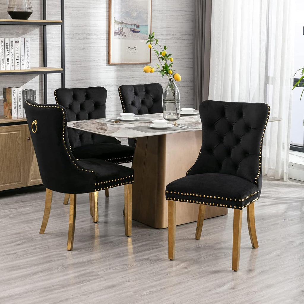 Luxury Upholstered Dining Chairs Set of 4, Black Kitchen Chair with Golden Metal Legs, Velvet Tufted Back Dining Chair, Sillas de Comedor, Modern Kitchen & Dining Room Chairs (Black, 4 Pcs)
