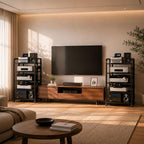 5-Tier Audio Rack with Wheels, Adjustable AV Media Stand for Stereo Components, Heavy Duty Stereo Cabinet with Open Airflow Shelves, Audio Equipment Rack for Living Room and Home Theater