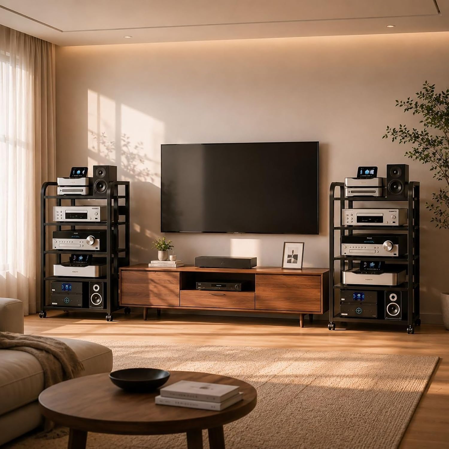 5-Tier Audio Rack with Wheels, Adjustable AV Media Stand for Stereo Components, Heavy Duty Stereo Cabinet with Open Airflow Shelves, Audio Equipment Rack for Living Room and Home Theater
