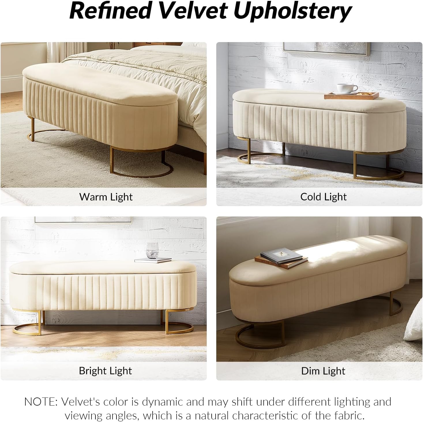 50.5” Velvet Storage Ottoman Bench with Gold-Toned Legs, Luxury Upholstered End of Bed Multi-Functional Footrest & Seat for Bedroom & Entryway