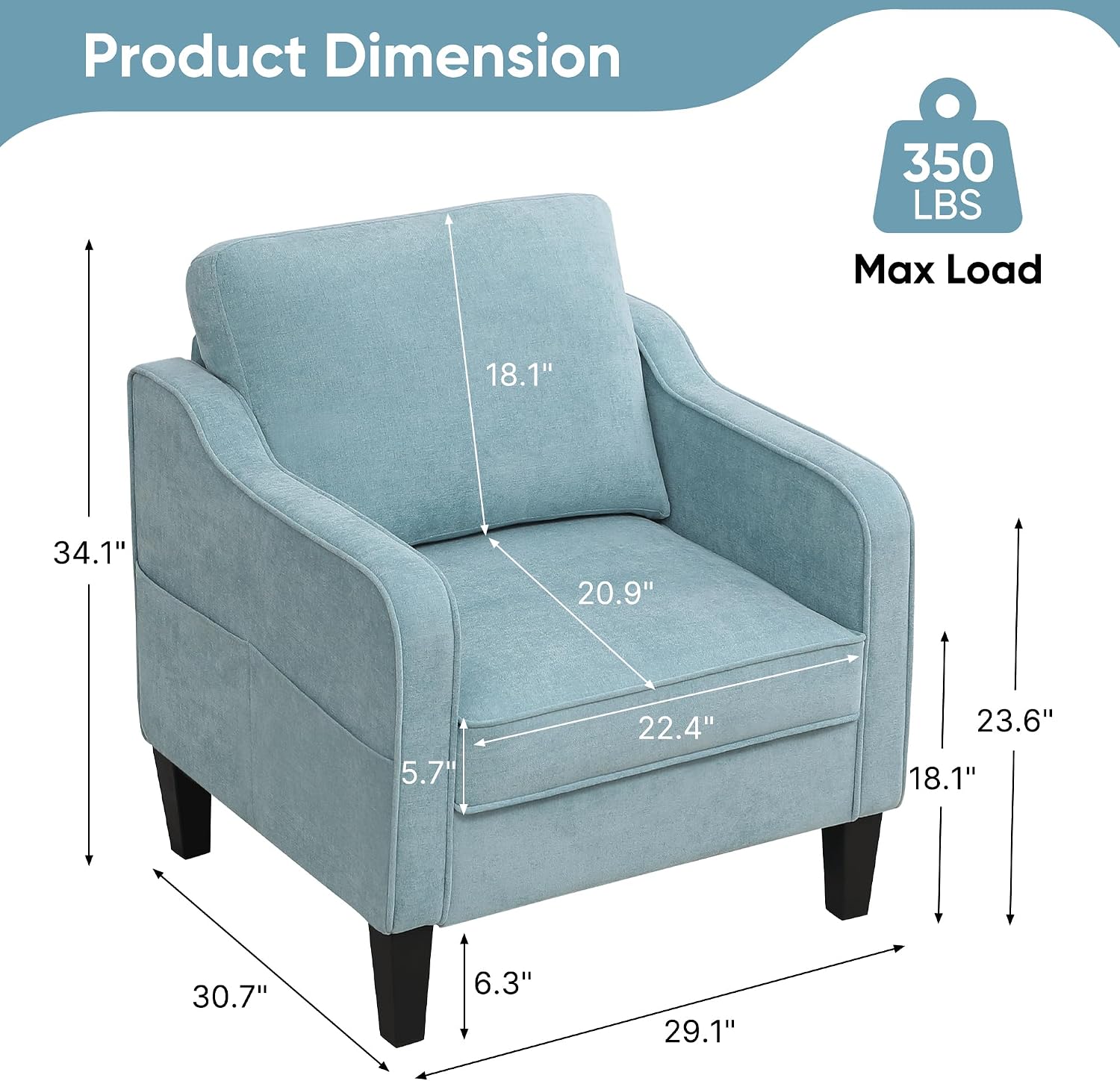Accent Chair for Living Room, Mid Century Modern Reading Chair for Bedroom, Upholstered Armchair with Side Pockets, Comfy Single Sofa Side Chair for Office, Apartment, Small Room, Teal Green