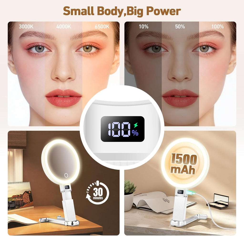 30X Travel Magnifying Mirror with Light, Height Adjustable Vanity Mirror with Phone Holder Stand, Portable Compact Handheld Makeup Mirror with Smart Display for Travel, Bedroom & Daily Makeup Use
