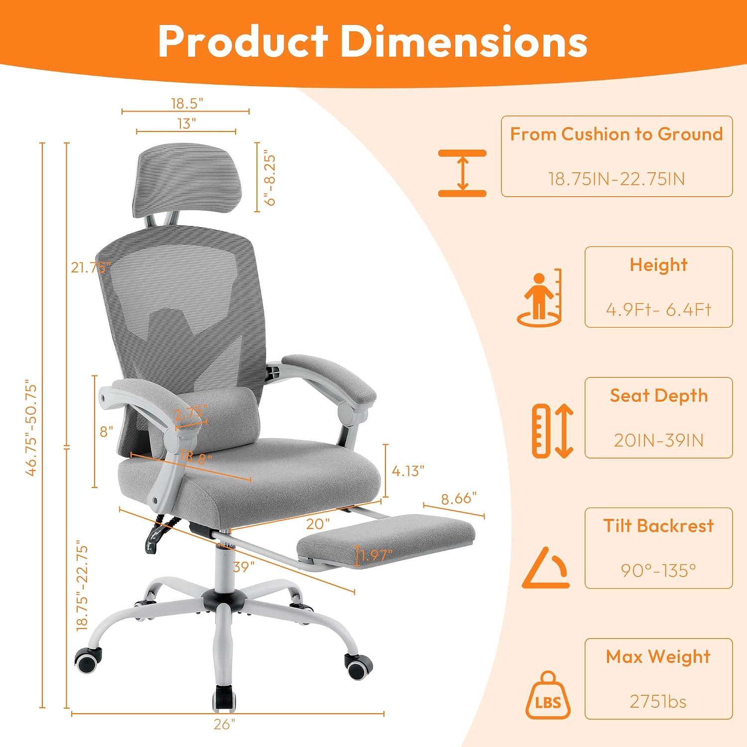 Ergonomic Office Chair with Footrest, Comfortable Desk Chair Gaming Chair with Leg Rest, Swivel Mesh Desk Chair with Headrest and Lumbar Support for Home, Office, Work, Study, Grey