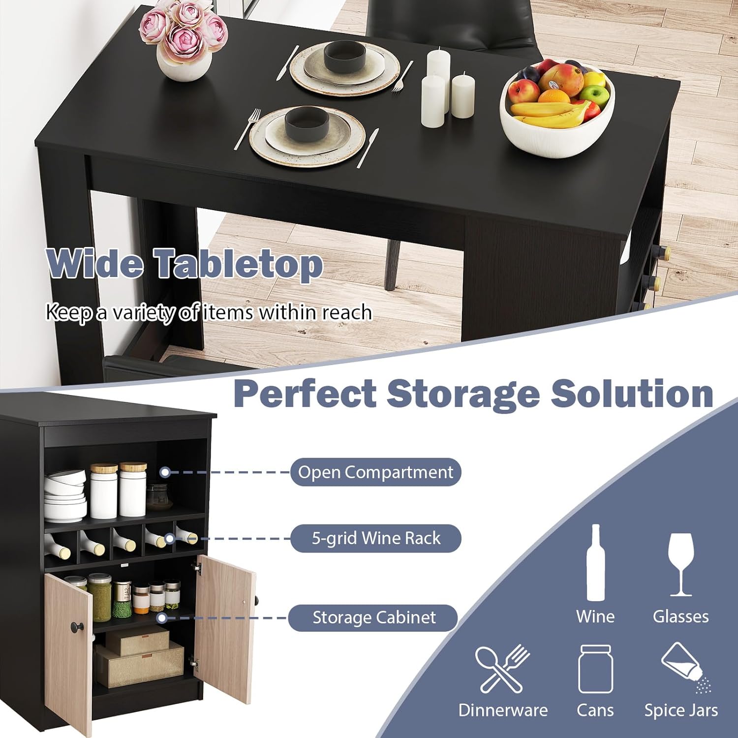 Giantex 48" Dining Table, Counter Height Bar Table with Storage Cabinet, Wine Rack, Compartment & Adjustable Shelf, Modern Bistro Tables for Home, Coffee Shop, Kitchen, Pub, Black & Gray