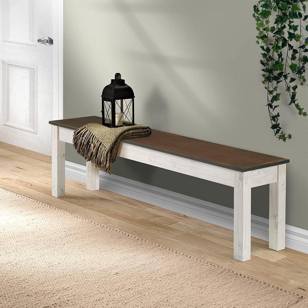 Furniture Dash - Wood Bench - Entryway Bench - Dining Bench - 53.15" W, 12.2" D, 17.72" H - 22lb - White Distressed