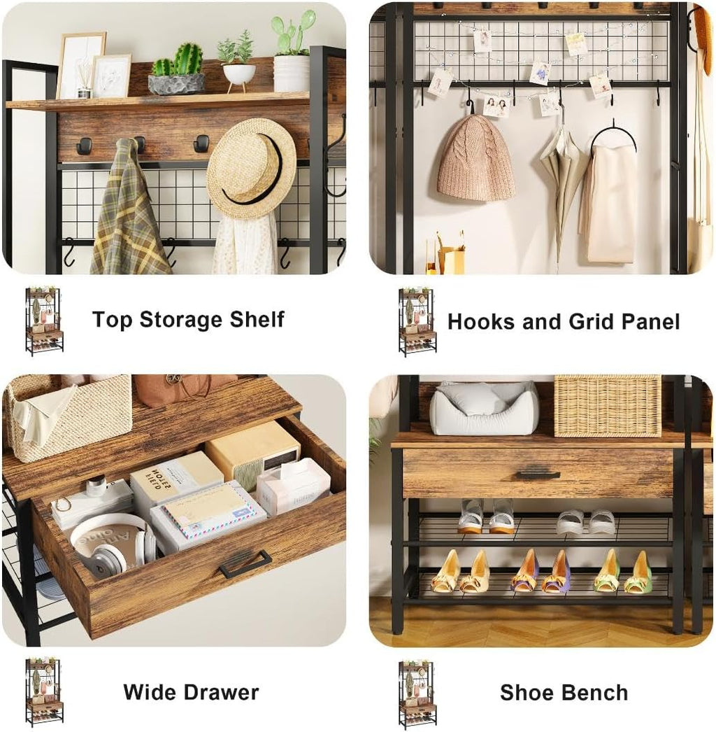 Recaceik Hall Tree with Bench and Shoe Storage, Entryway Coat Rack with Shoe Bench, Industrial Hall Tree with Drawers and 12 Hooks for Bedroom, Living Room