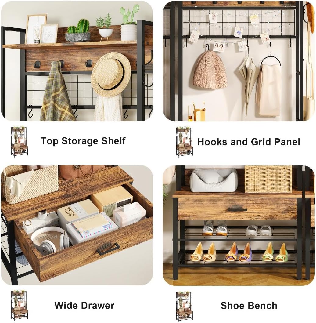 Recaceik Hall Tree with Bench and Shoe Storage, Entryway Coat Rack with Shoe Bench, Industrial Hall Tree with Drawers and 12 Hooks for Bedroom, Living Room