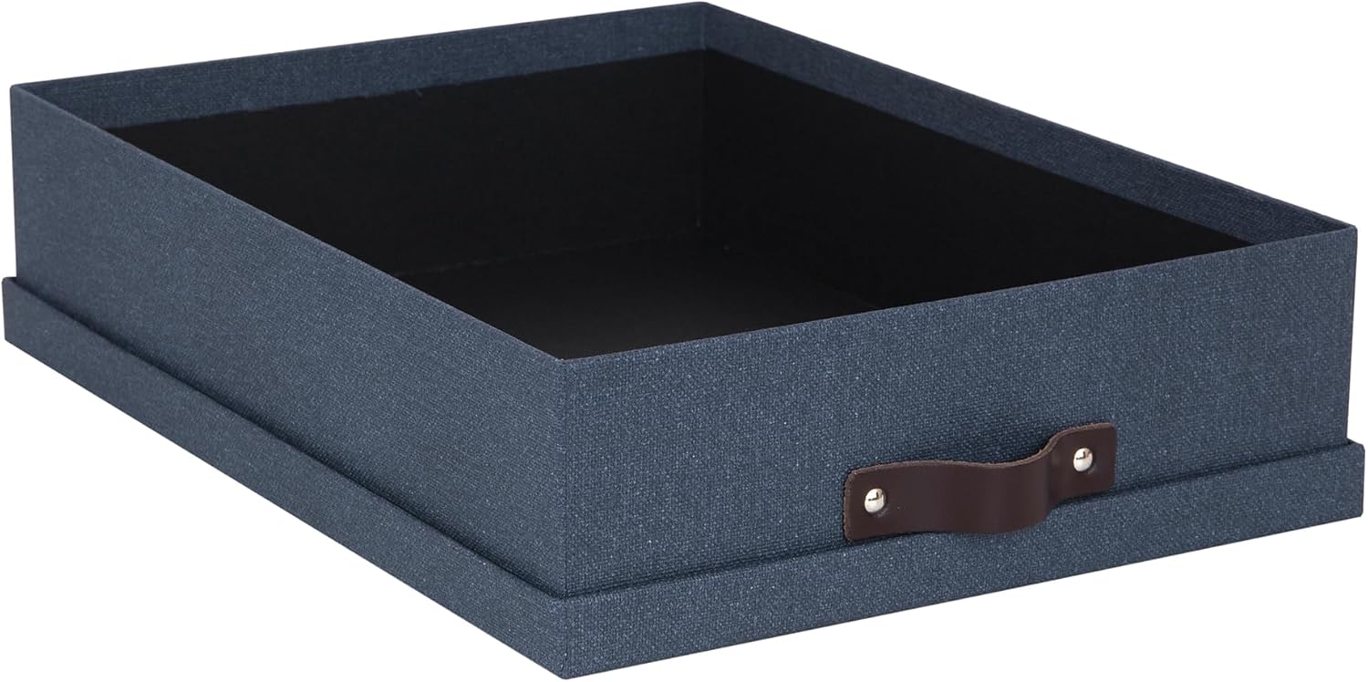 Bigso Oskar Canvas Fiberboard Document Letter Box - File Organizer Box for Important Paperwork - Document Storage with a Lid & Leather Handle - 3.3 in x 10.2 in x 13.8 in - Blue (Pack of 2)