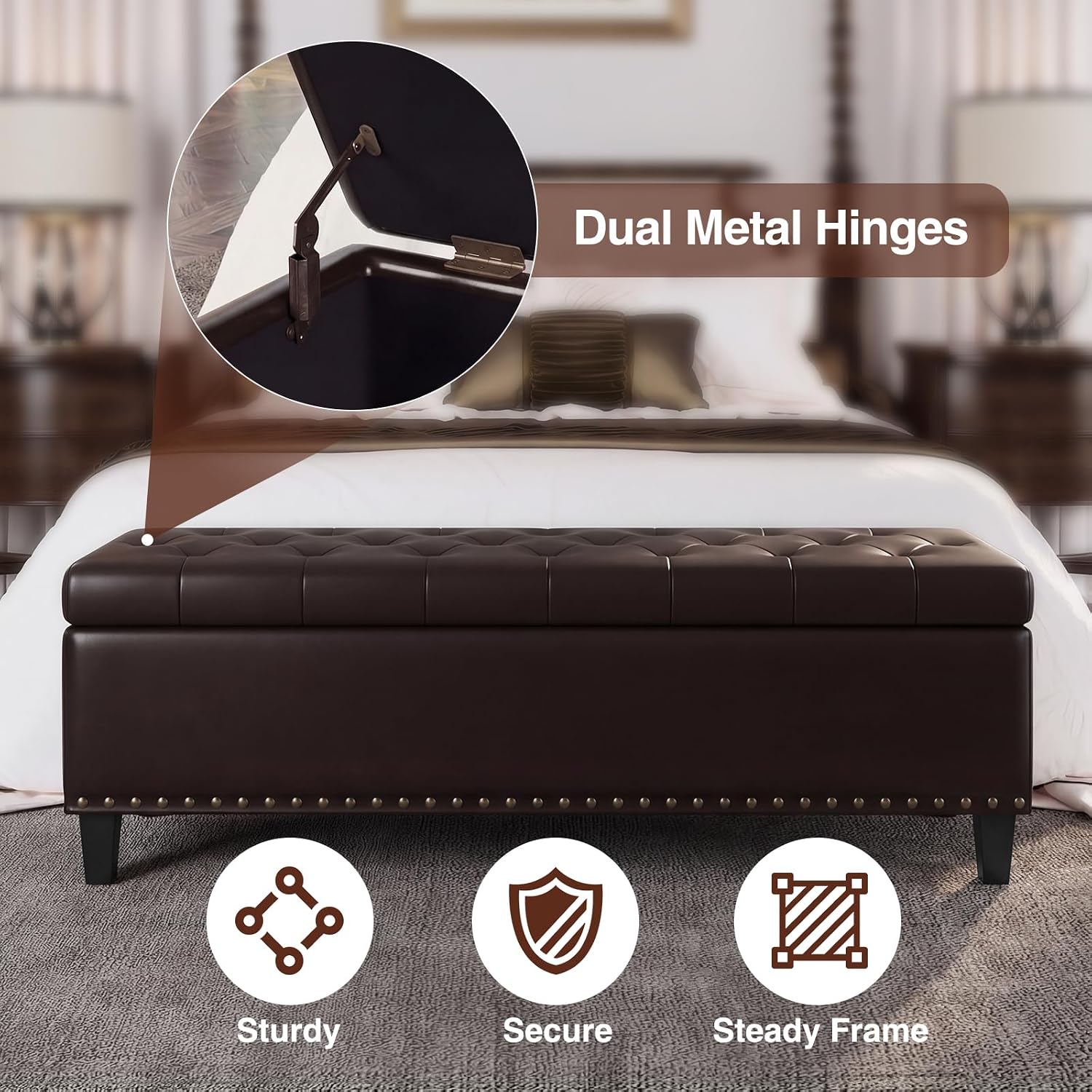 FiveWillowise Storage Ottoman Bench,51-Inch Large Storage Bench for Bedroom End of Bed, 30 Gallons Faux Leather Ottoman with Storage for Bedroom, Living Room, Entryway, Chocolate