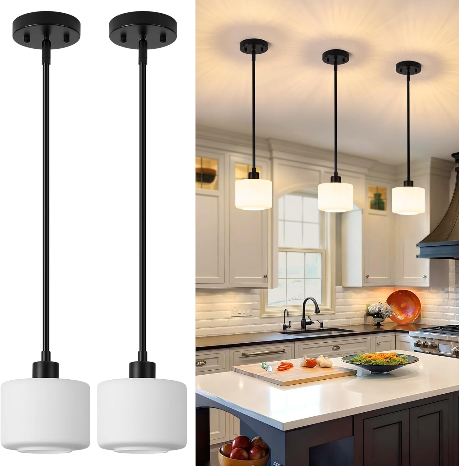 Black Pendant Lights Kitchen Island 2 Pack, Modern Milk Glass Hanging Light Fixtures with Rods, Mini Kitchen Pendant Lighting Over Island for Sink Bathroom, OS-YQ8153-2PBK