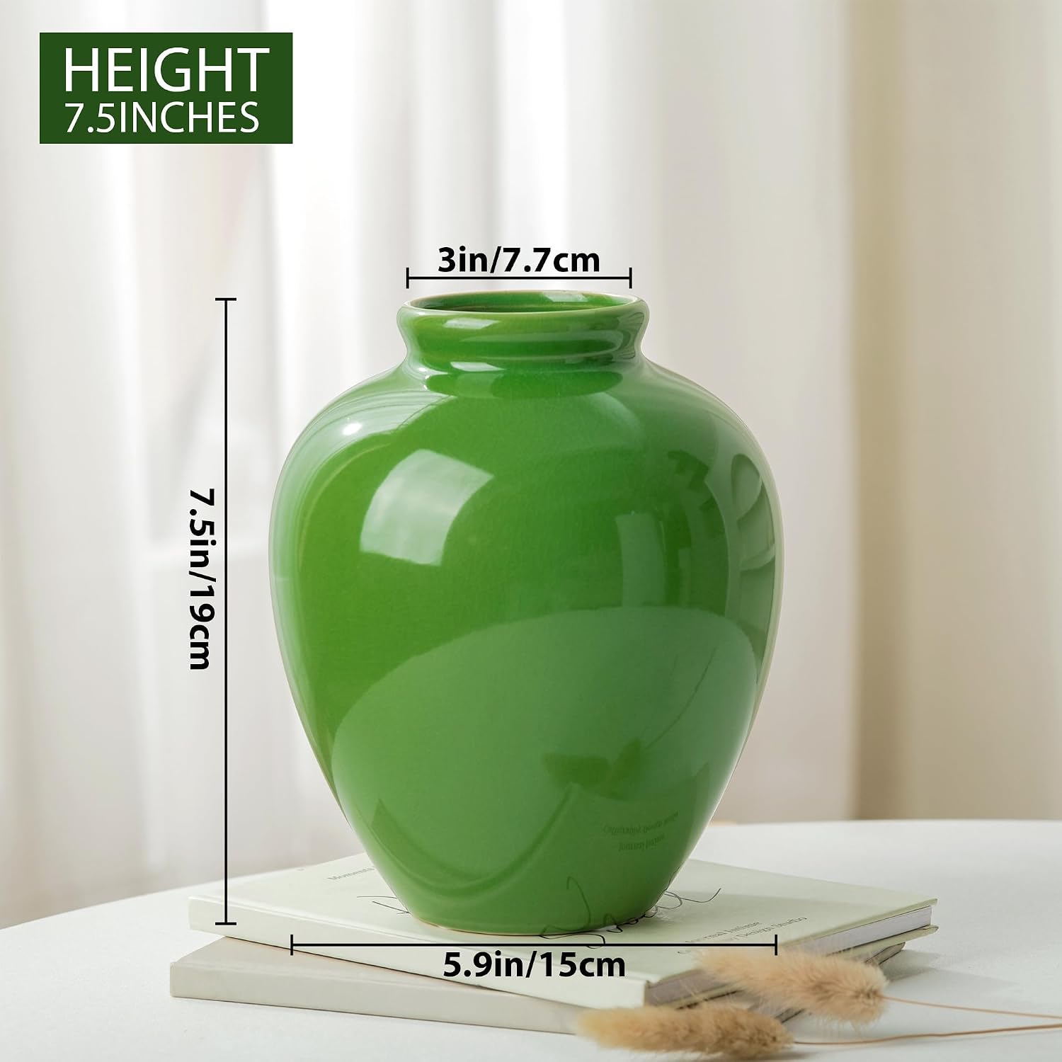 7.5IN Green Ceramic Vase, Vintage Flower Vases with Ice Cracked Glazed for Home Decor, Rustic Decorative Chinoiserie Vase for Table Centerpiece Living Room Shelf Farmhouse Decor