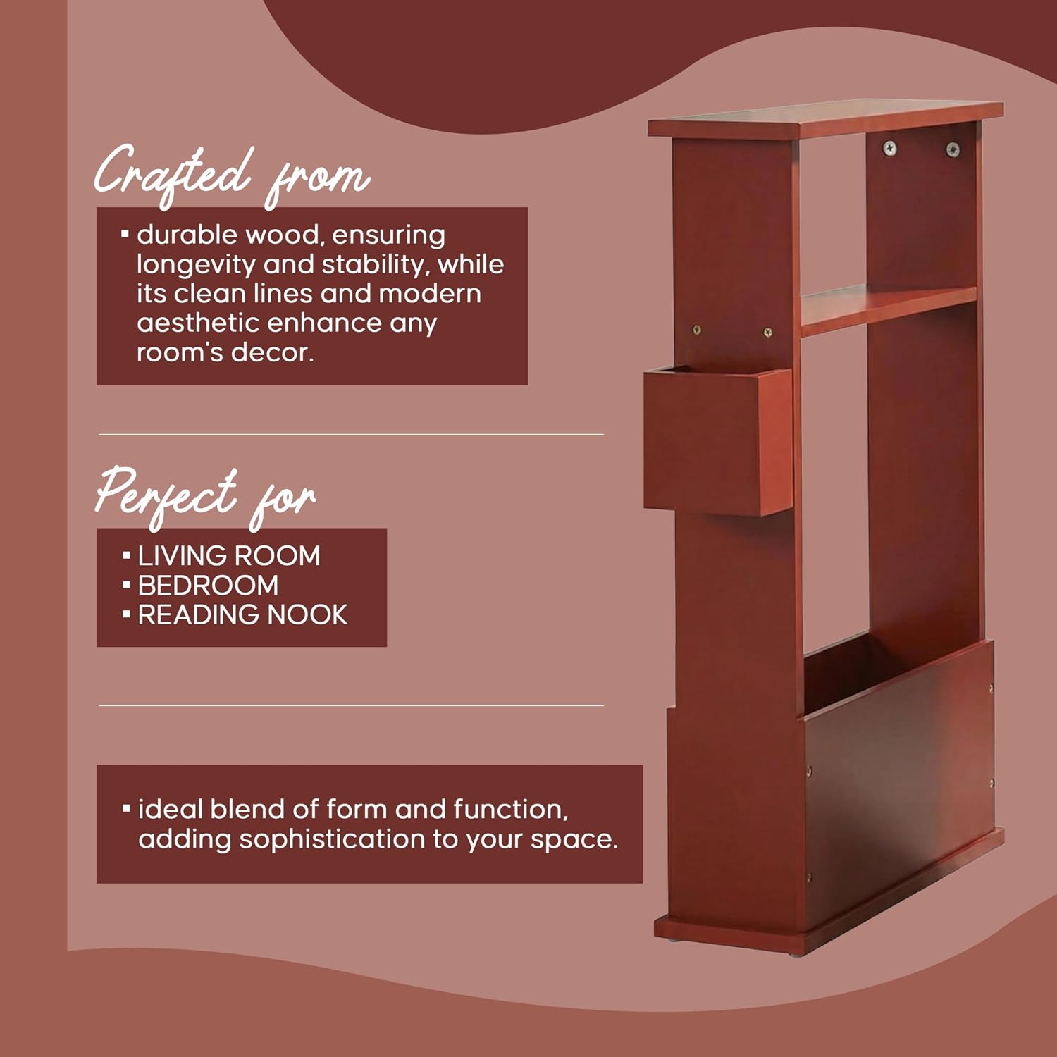 Kings Brand Furniture Narrow Side Table with Storage Shelf, Slim End Table with Magazine & Remote Holder, Small Space Bedside Table for Living Room or Bedroom, Red