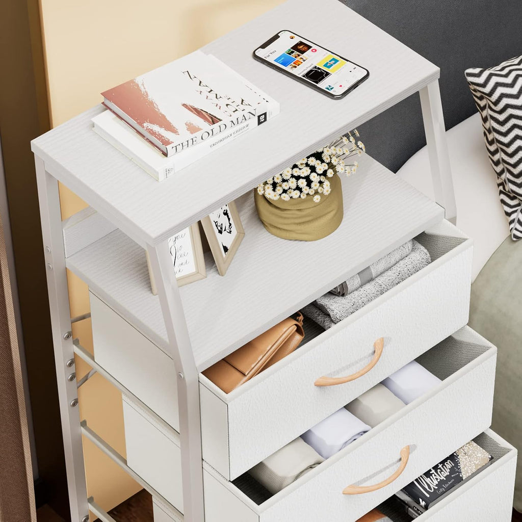 Furnulem White Tall Dresser for Bedroom, 5 Fabric Bins Tall Nightstand | Dorm Dresser, Vertical Storage for Closet, Chest of Drawer for Entryway, Nightstand Bedside Table, Metal Frame,Wood Top