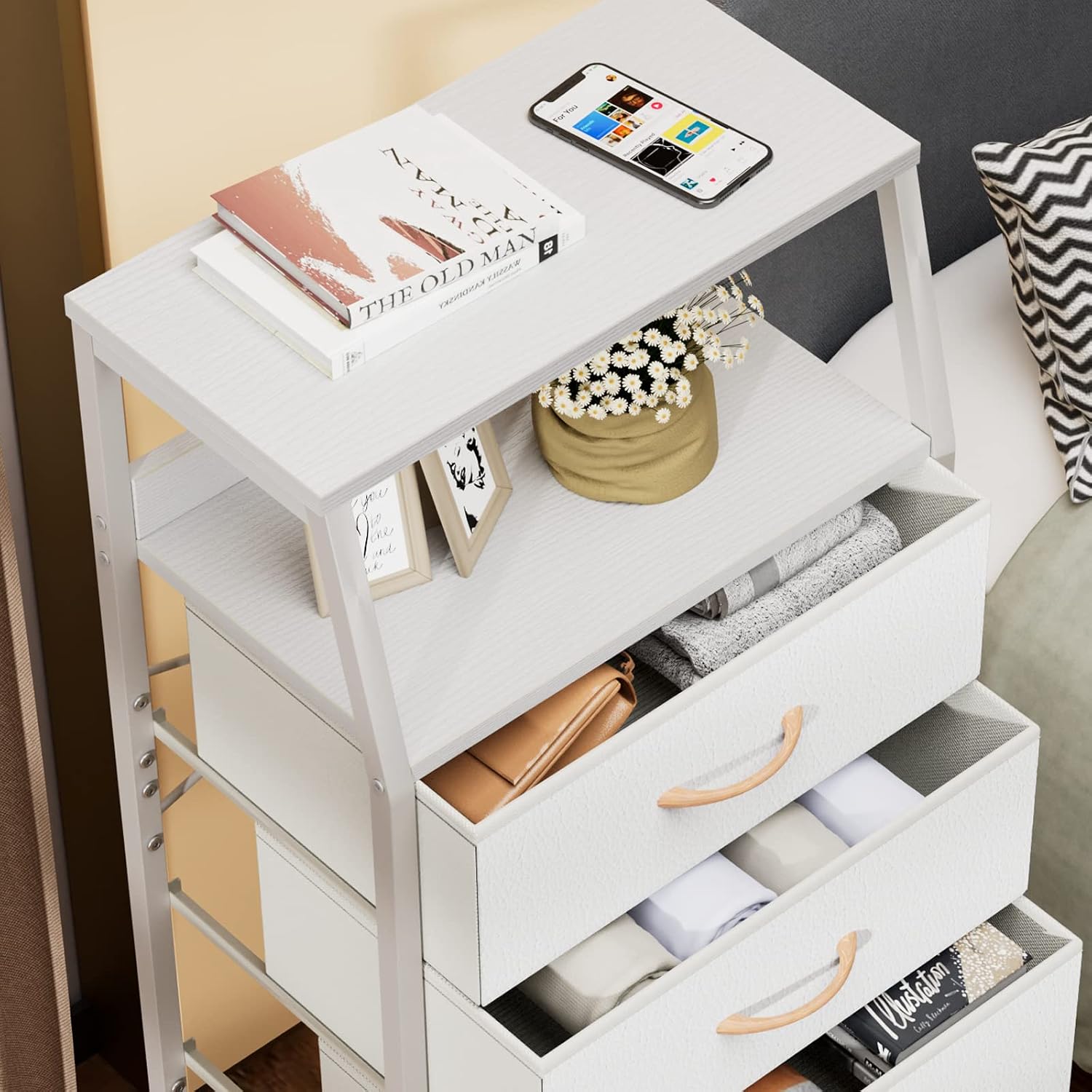 Furnulem White Tall Dresser for Bedroom, 5 Fabric Bins Tall Nightstand | Dorm Dresser, Vertical Storage for Closet, Chest of Drawer for Entryway, Nightstand Bedside Table, Metal Frame,Wood Top