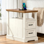 HOMMPA Narrow Side Table with Charging Station, 23.6'' W Farmhouse End Table with Open Shelf & Storage Drawers for Sofa Couch, Slim Rustic Sofa Side Table for Small Space, Living Room, Rustic White