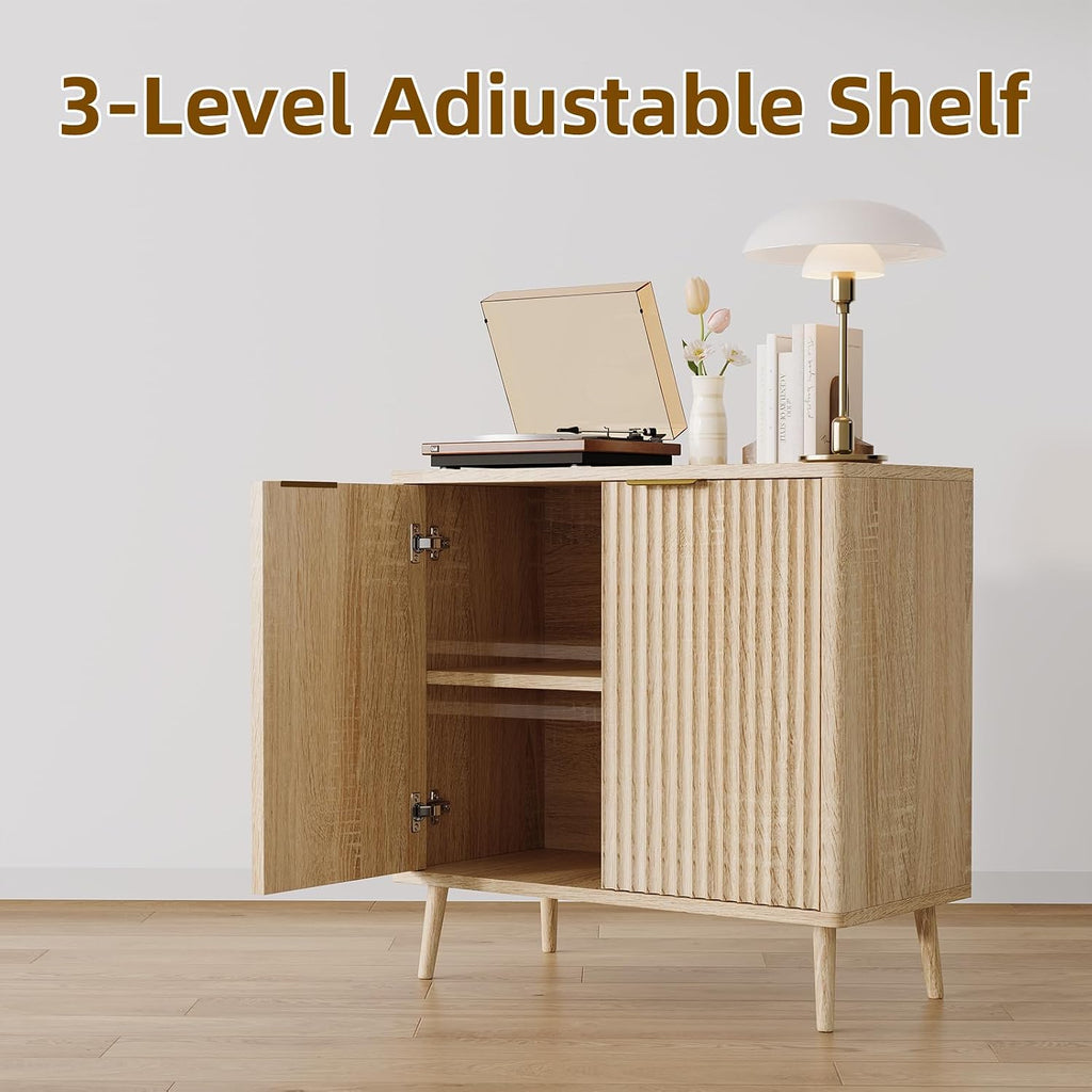 Modern Fluted Sideboard Buffet Cabinet with Storage, 31.5" Slim Wood Accent Credenza Console with Doors and Adjustable Shelves, Mid Century Narrow Storage Cabinet for Living Room, Hallway Kitchen Oak