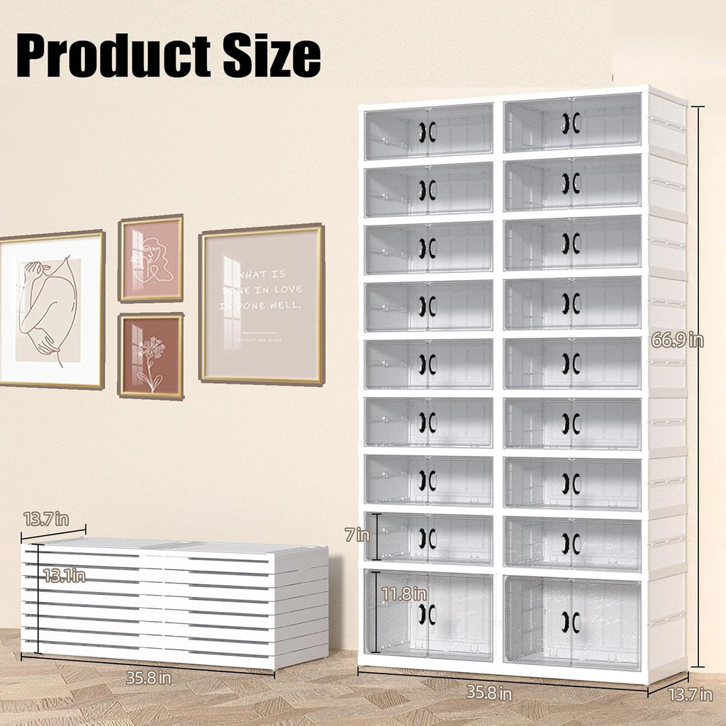 GCCSJ 9 Tiers 36 Pairs Foldable Shoe Rack Organizer, Plastic Collapsible Shoe Shelf, Folding Shoe Box Storage Cabinet with Magnetic Clear Door Easy Assembly