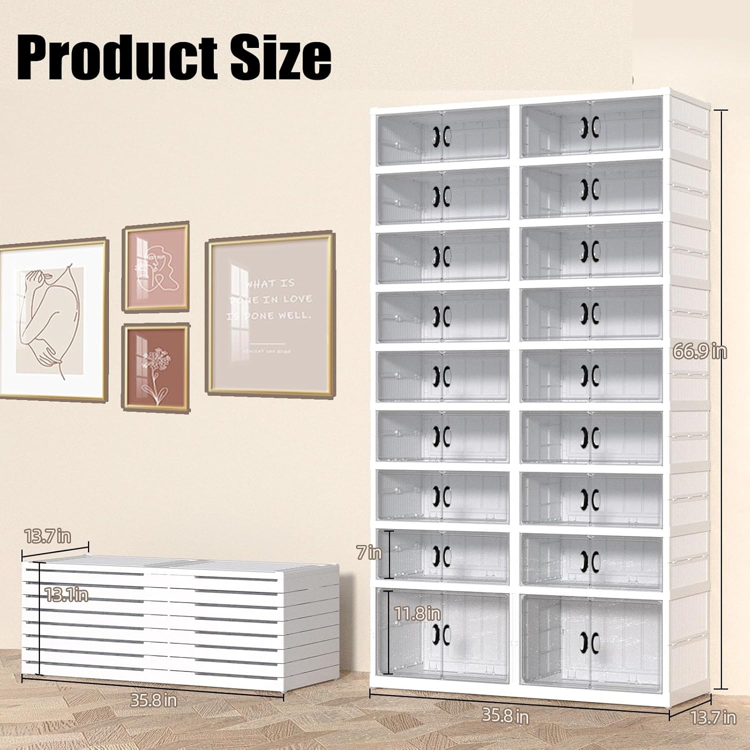 GCCSJ 9 Tiers 36 Pairs Foldable Shoe Rack Organizer, Plastic Collapsible Shoe Shelf, Folding Shoe Box Storage Cabinet with Magnetic Clear Door Easy Assembly