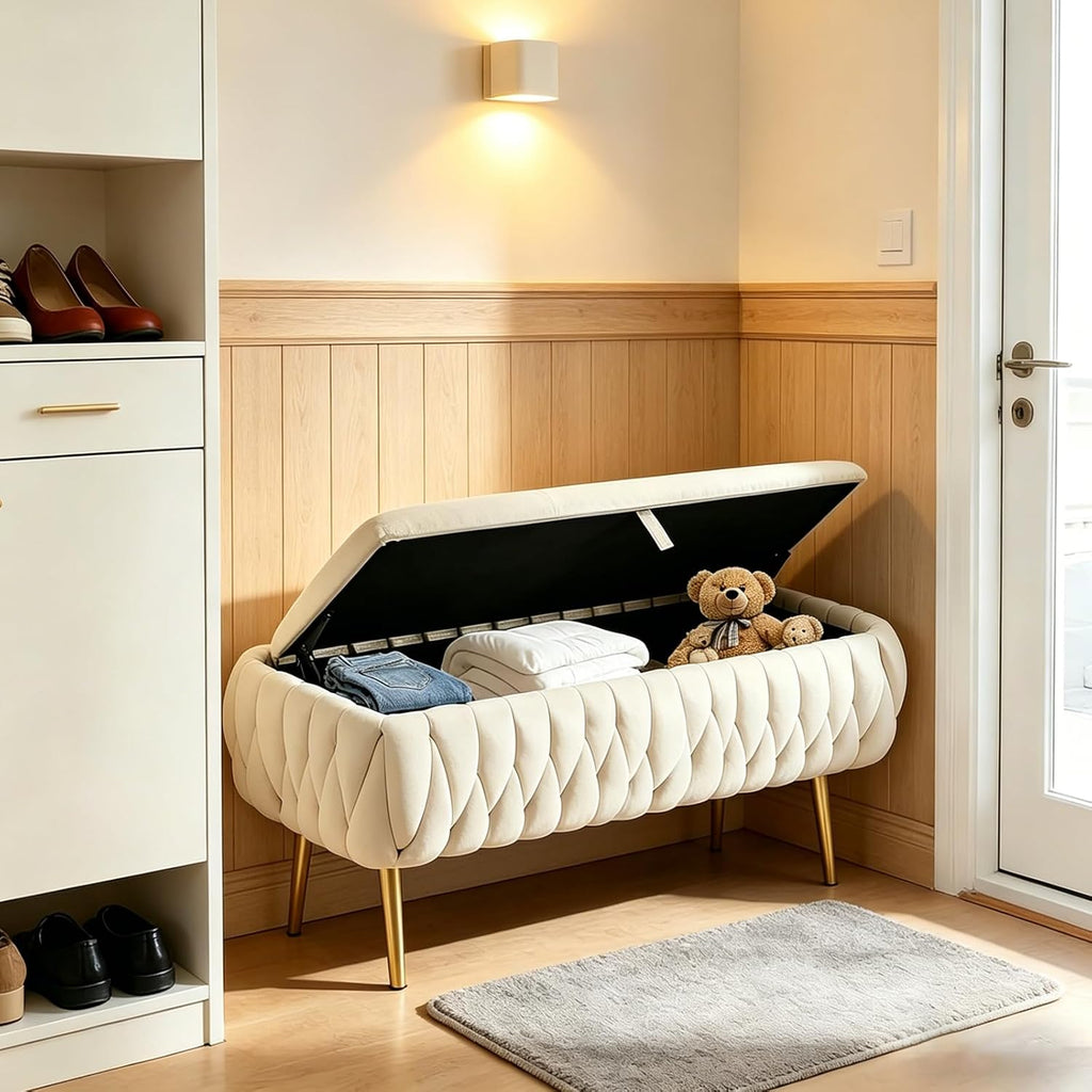 Bench for Entryway 41.3", Bedroom Benches for Foot of Bed, Ottoman with Storage for Bedroom, Upholstered Rectangular Ottoman for Living Room, Entryway, Holds up to 450 lb (White)