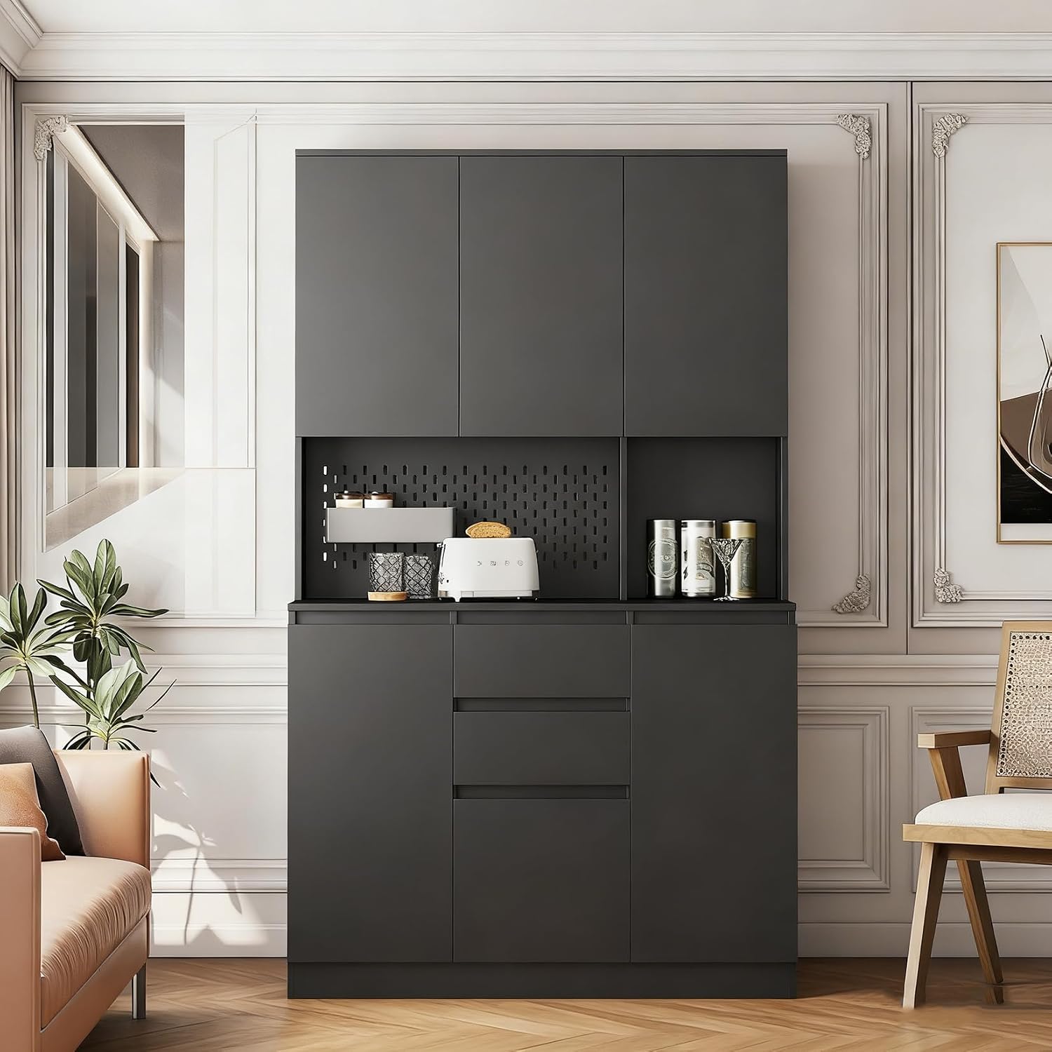 74" Kitchen Pantry Cabinet with Microwave Stand Tall Pantry Storage Cupboard with 6 Doors,3 Shelves and 2 Drawer Modern Kitchen Hutch with Countertop, Black A