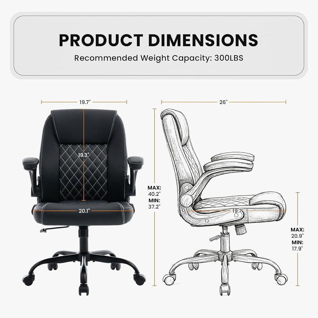 Leather Office Chair, 300lbs Heavy Duty Mid-Back Desk Chairs with Flip-up Armrests, Space-Saving Swivel Task Chair with Wheels, Adjustable Height and Ergonomic Back Support, Black
