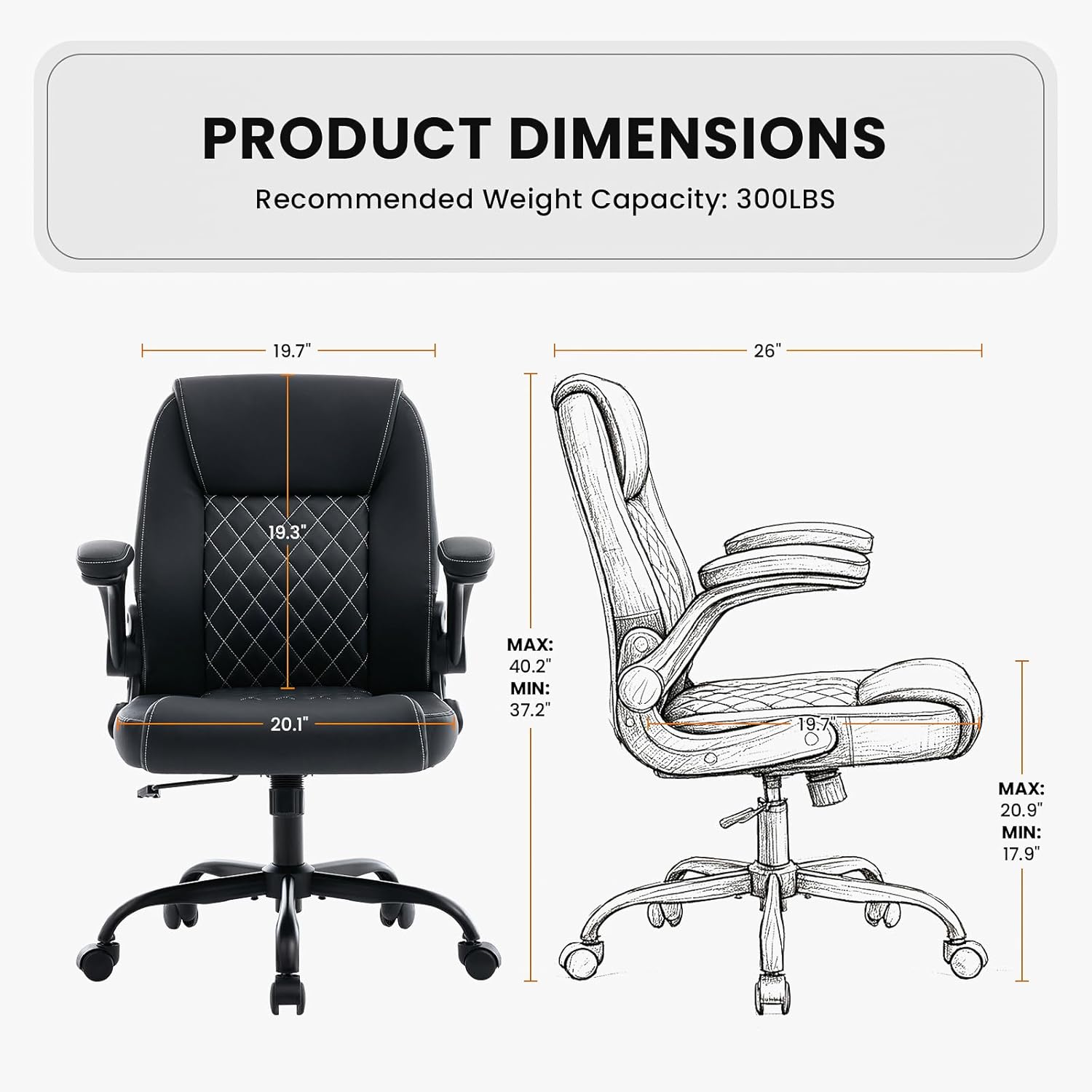 Leather Office Chair, 300lbs Heavy Duty Mid-Back Desk Chairs with Flip-up Armrests, Space-Saving Swivel Task Chair with Wheels, Adjustable Height and Ergonomic Back Support, Black