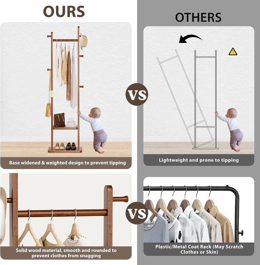 Taitiy Solid Wood Coat Rack, Freestanding Clothing Rack with 2 Shelves Storage & 5 Hooks, Heavy Duty Clothes Rack Stand for Hall, Bedroom, Living Room