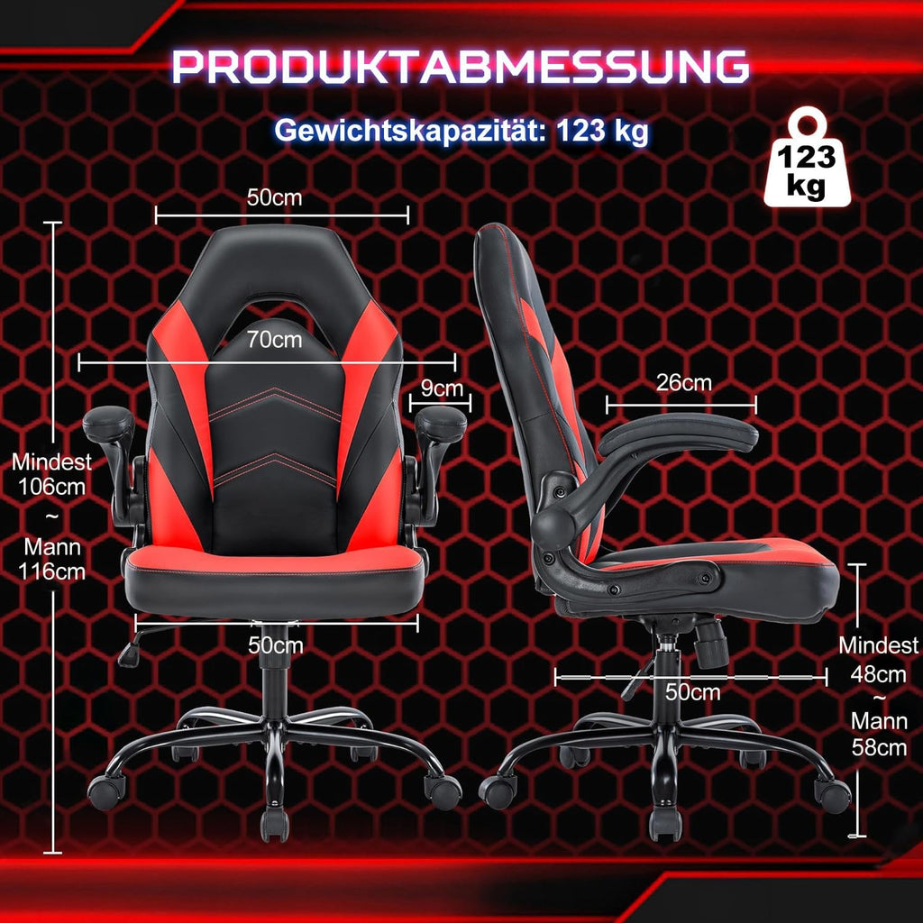 DUMOS Computer Gaming Home Office Chair - Ergonomic Big and Tall Desk with PU Leather Lumbar Support, Height Adjustable High Back Video Game with Flip-up Armrest, Swivel Wheels for Adults and Teens