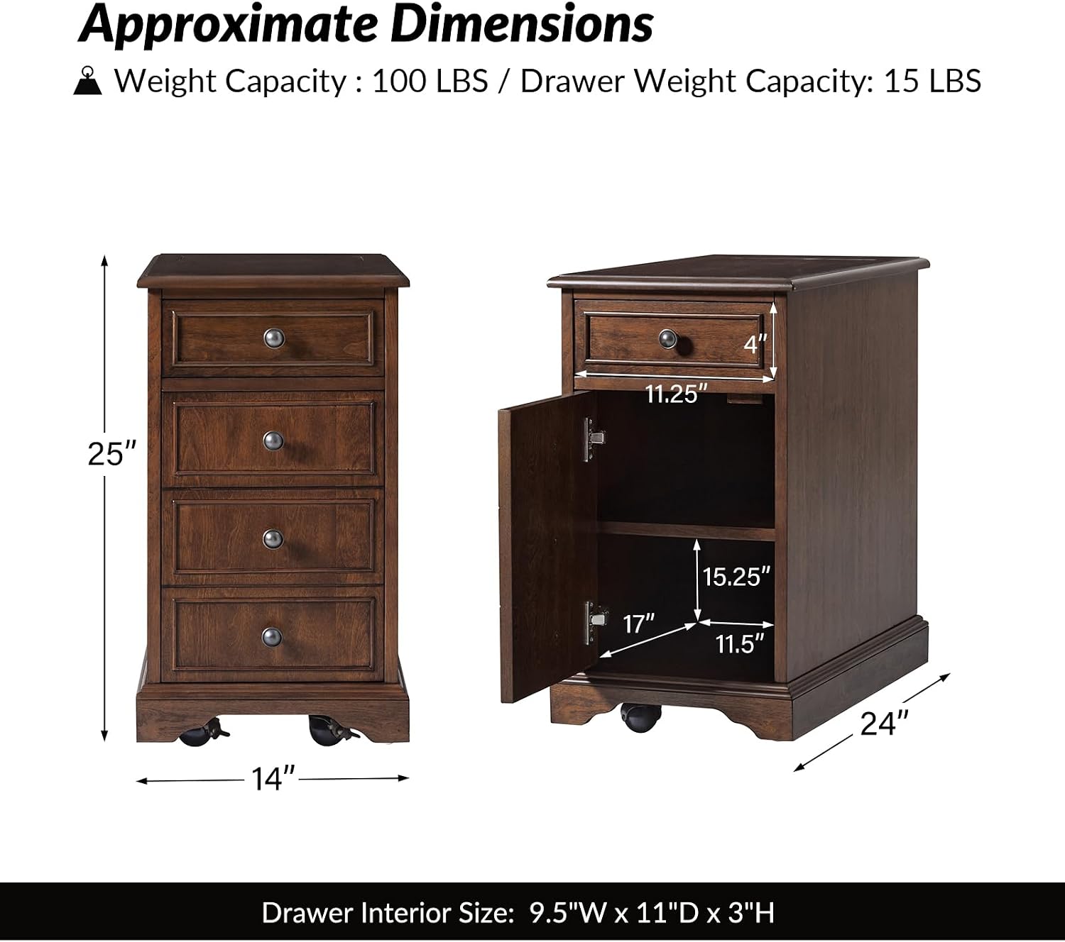 25" Tall Traditional End Table with Rolling Casters & Charging Station, Wooden Side Table with Cup Holder Tray, Openable Magazine Rack & Adjustable Shelves, Walnut