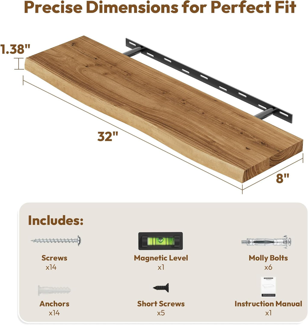 Vivelove Live Edge Floating Shelves Solid Wood, Elm Shelves for Wall with Invisible Bracket for Living Room Bedroom Bathroom Office Book, Rustic Farmhouse Wooden Shelf, 32 Inch Set of 2- Natural