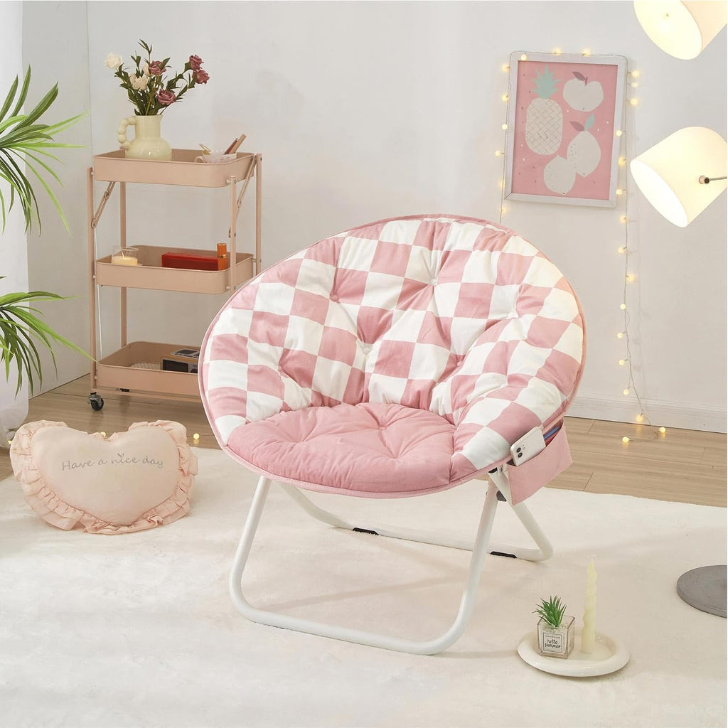 Urban Lifestyle Printed Back Micromink Saucer™ Chair with White Legs and Side Storage Pocket, Pink and White Check