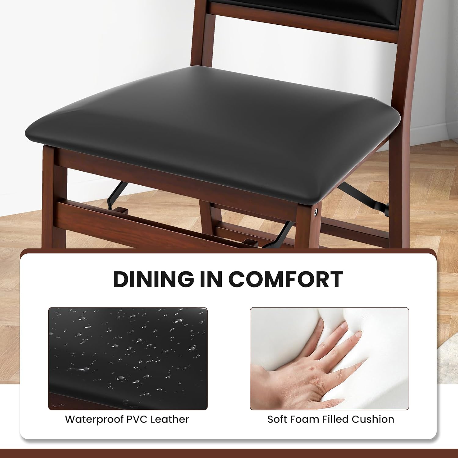 KOTEK Folding Dining Chairs Set of 2, Wooden Kitchen Chairs with Padded Seat & Backrest, Foldable Armless Side Chairs for Dining Room, Living Room