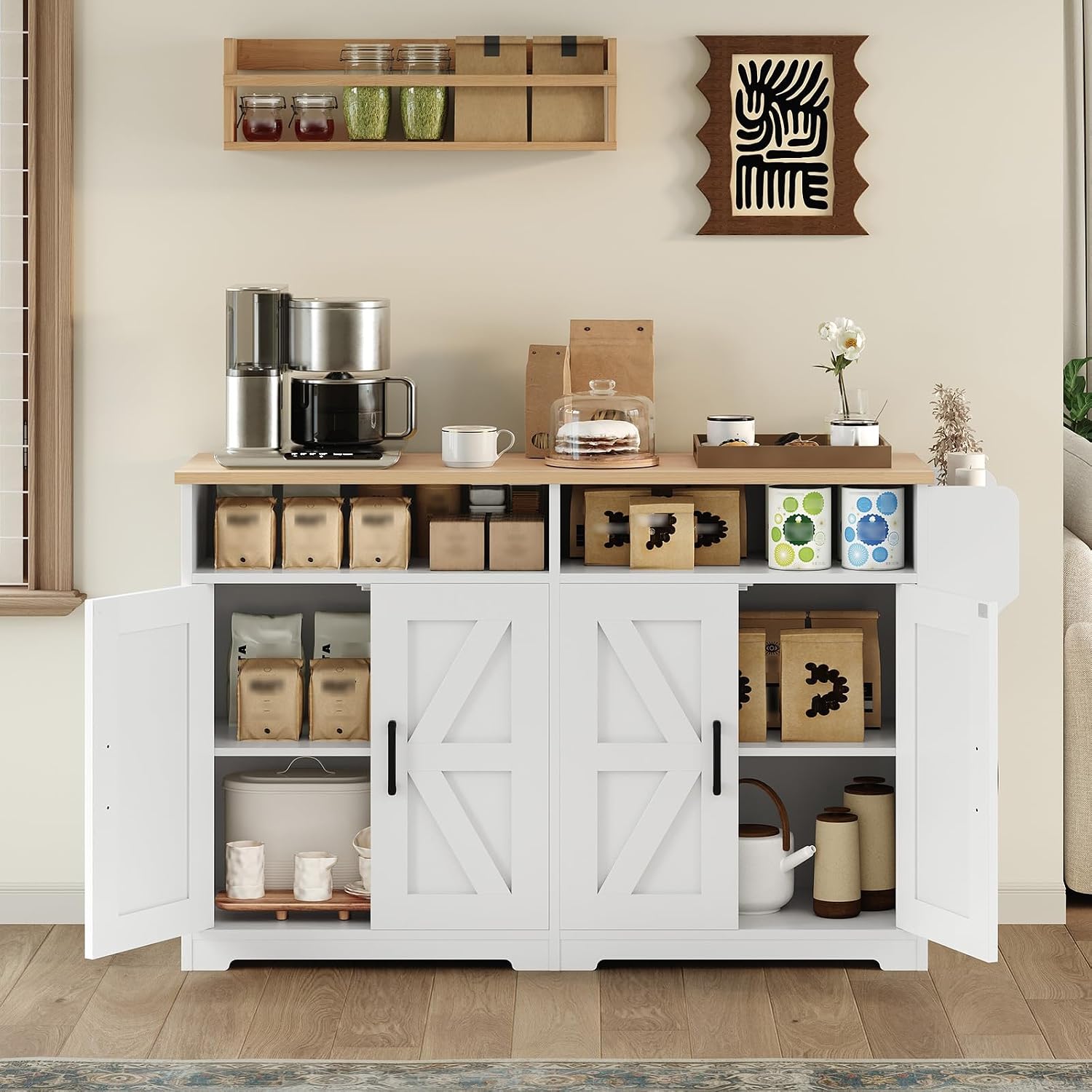 YATINEY Coffee Bar Cabinet, Kitchen Island with Storage, Farmhouse Sideboard Buffet Cabinet with Dual-Purpose Floating Shelf and Hooks, for Restaurant, Living Room, White and Natural KF32WN