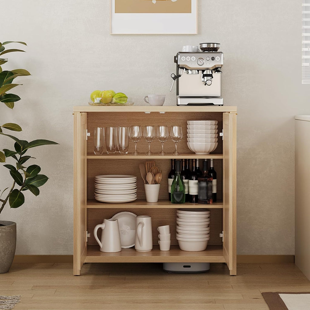 Freestanding Rattan Sideboard Buffet Cabinet – Wood Credenza with Adjustable Shelves, Modern Accent Coffee Bar for Kitchen, Living Room & Entryway