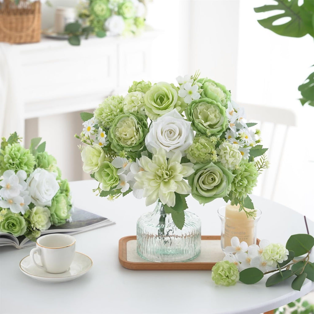 4 Pcs Mixed Artificial Flowers Set, Small Artificial Peony Bouquet Fake Rose Flower Silk Floral Arrangements for Table Centerpiece Home Wedding Party Bridal Decoration(Green, 2 Bouquets & 2 Stems)